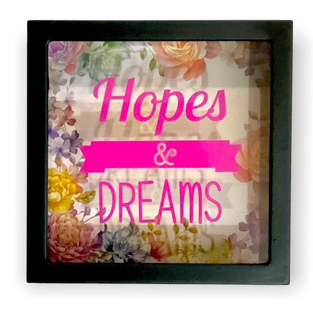 Piggy Bank “Hopes & Dreams “ Square Floral Clear View Front Black Multicolor